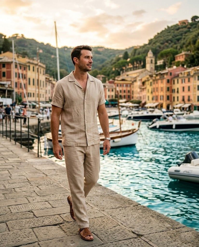 Lineno linnen set beige, overhemd met lange broek, Portofino