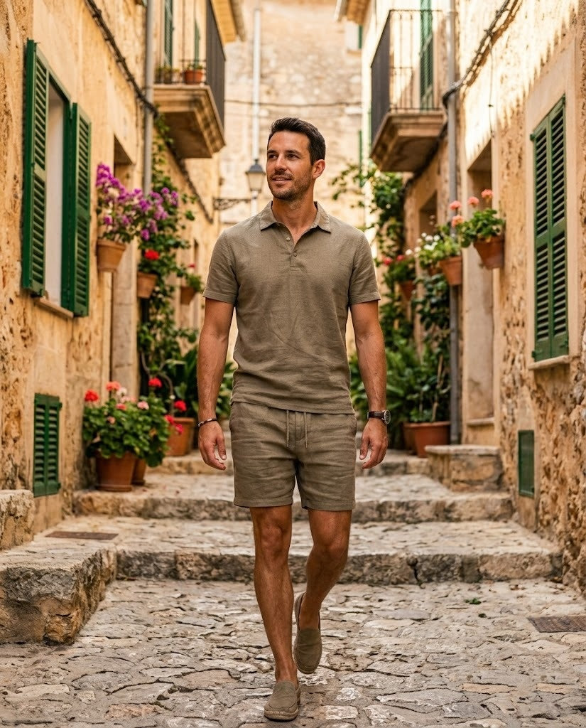 Lineno linnen polo en short khaki, Mediterrane steeg