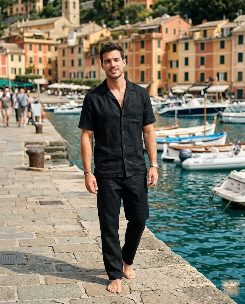 Lineno linnen set zwart, overhemd met lange broek, Portofino