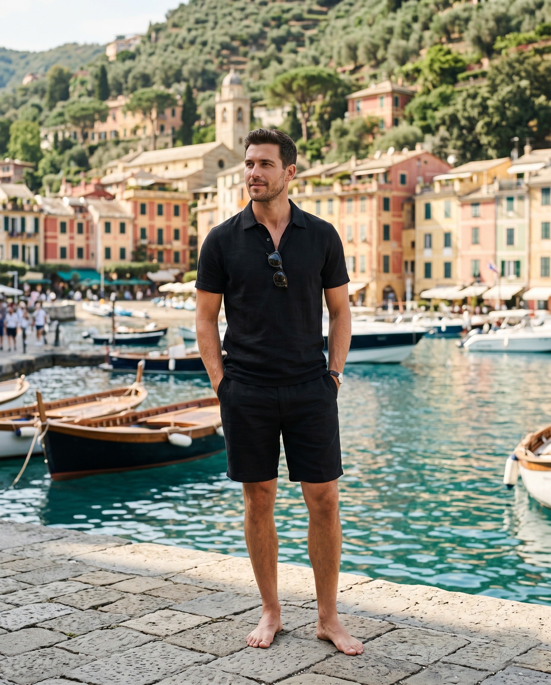 Lineno linnen polo en short zwart, Portofino